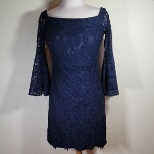 NO SIZE Trina Turk Navy blue lace off the shoulder dress with bell sleeves